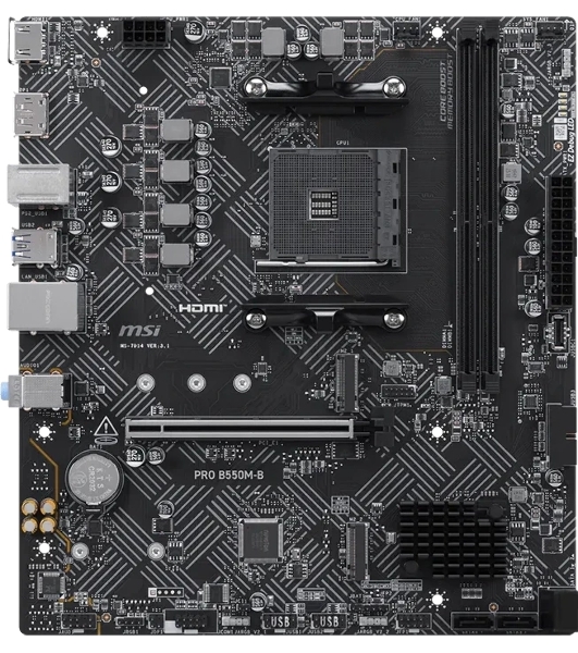 Материнская плата MSI PRO B550M-B, AM4, AMD B550, 2xDDR4 (до 64 ГБ), 4xSATA, 2xM.2 (PCIe 4.0/3.0), 1xPCIe 4.0 x16, 1xPCIe x1, 1xHDMI, 1xDP, 1x1Gb LAN, 4xUSB-A 5Gbps, 2xUSB-A 2.0, 1xPS/2, 3x3.5 мм, 7.1, чёрный, mATX