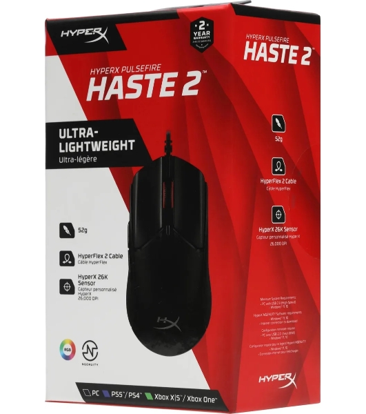 Мышь беспроводная HyperX Haste 2 черный, 26000 dpi, радиоканал, Bluetooth, USB, кнопки - 5