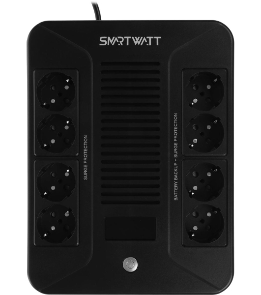 Источник бесперебойного питания SMARTWATT UPS SAFE PRO LCD 1000 черный 1000/600 ВА/Вт, напольный/настенный, линейно-интерактивный, LCD дисплей, Shuko CEE7/4 - 8 шт. (4 шт. с резервным питанием, 4 шт. - сетевой фильтр)