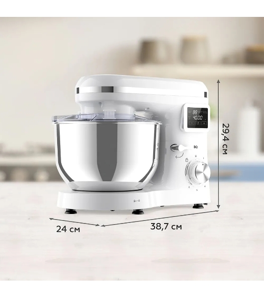 Планетарный миксер BQ MX640 White. Максимальная мощность 1600 Вт/Чаша из нержавеющей стали 6 л/Функция ферментации/Подогрев чаши до 40'C/Электронное управление/Металлические насадки в комплекте/Металлические шестерни/Двойная защита: от перегрева, от перегрузки/Защтная крышка от брызг/LED подсветка/Длина сетевого шнура 1 м'