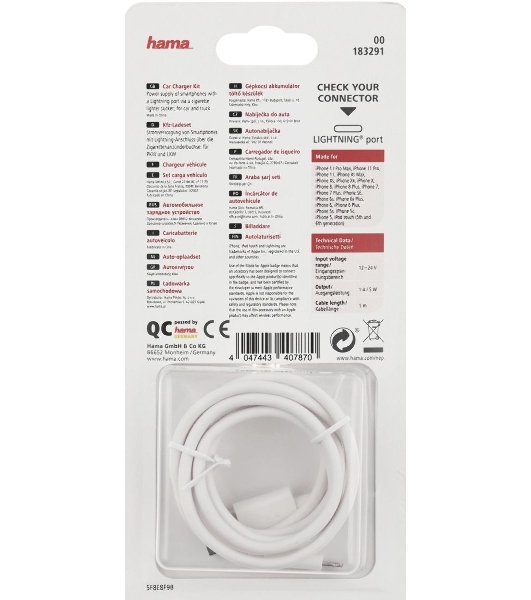 Автомобильное зарядное устройство Hama H-183291 1A кабель Apple Lightning белый