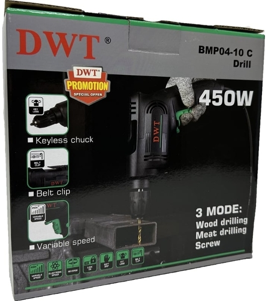 Дрель сетевая безударная DWT BMP04-10 C/450 Вт/до 3300 об.в мин/1.0-10 мм/реверс/кабель 2 м/черный (BMP04-10 C)