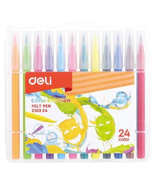 Фломастеры Deli EC10324 Color Emotion кисть, смываемые, 24 цвета, пластиковый пенал (24шт)