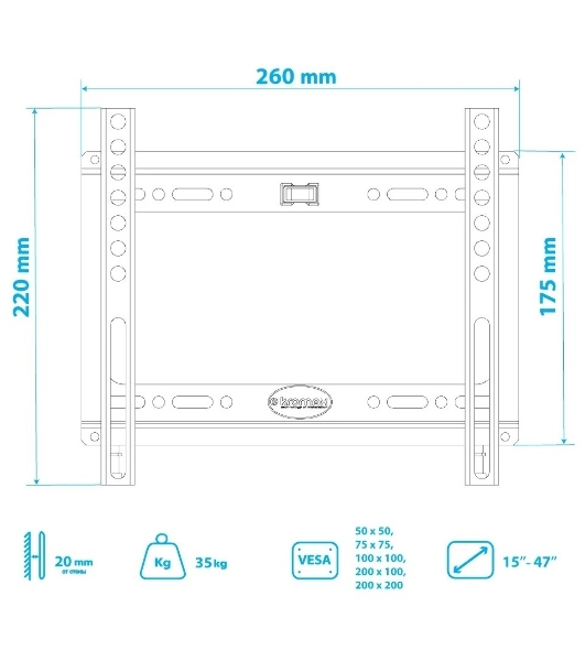 Кронштейн Kromax IDEAL-5 White, 15'-47', max 40 кг, настенный, VESA 200x200 мм, тонкий профиль