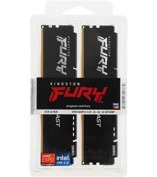 Оперативная память Kingston Fury Beast, DDR5, 32Gb (2x16Gb), 6400MHz, CL32, DIMM, с радиатором, черный