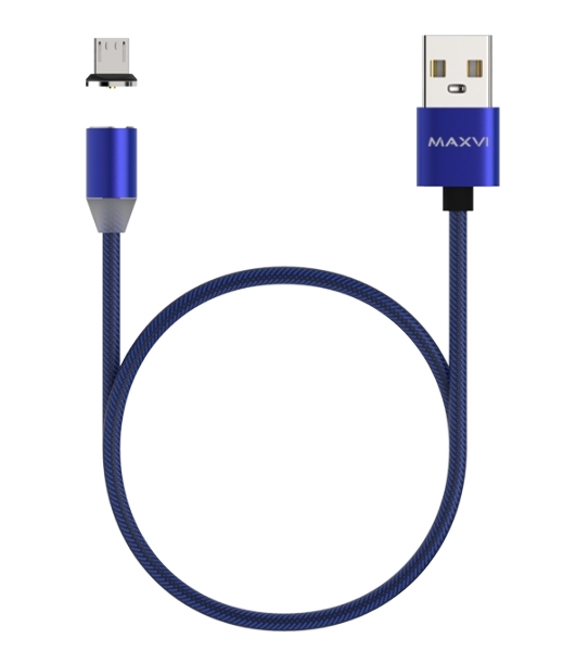 Кабель Maxvi MCm-01M blue, USB-A - microUSB, 2A, магнитный разъем, LED Описание: ток макс. нагрузки 2А, макс. напряжение 5V; стандарт USB 2.0; длина 1м, нейлоновая оплетка, съемный магнитный коннектор, LED подсветка, синий с черными вставками
