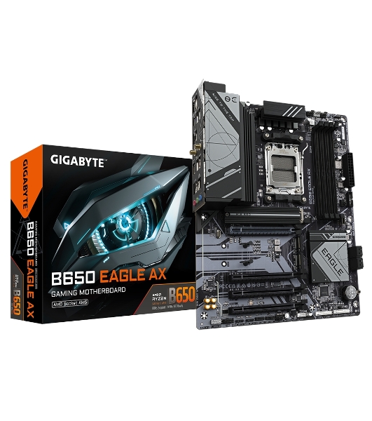 Материнская плата GIGABYTE B650 EAGLE AX (V1.1), AM5, AMD B650, 4xDDR5, 4xSATA, 3xM.2, 1xPCI-E 4.0 x16, 3xPCI-E 3.0 x1, 1xHDMI, 1xDP, 1x 1Gb LAN, 2xUSB 3.2 Gen 2, 1xUSB 3.2 Gen 1, 6xUSB 2.0, 3x3.5 мм, 7.1, Standard-ATX