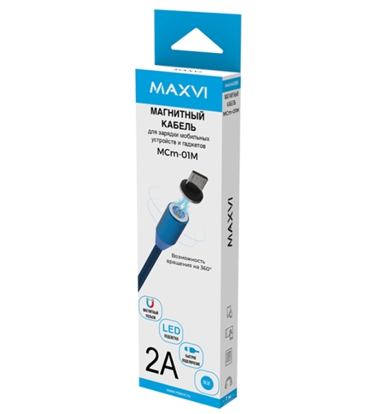 Кабель Maxvi MCm-01M blue, USB-A - microUSB, 2A, магнитный разъем, LED Описание: ток макс. нагрузки 2А, макс. напряжение 5V; стандарт USB 2.0; длина 1м, нейлоновая оплетка, съемный магнитный коннектор, LED подсветка, синий с черными вставками