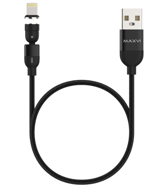 Кабель Maxvi MCm-02L black, USB-A - Lightning, 2A, магнитный разъем, LED ток макс. нагрузки 2А, макс. напряжение 5V; стандарт USB 2.0; длина 1.5м, нейлоновая оплетка, съемный магнитный коннектор, LED подсветка, черный