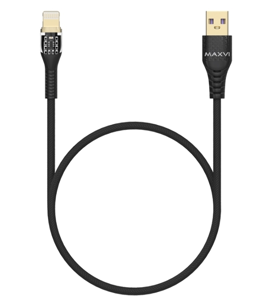 Дата-кабель Maxvi MC-31L USB-Lightning 2.4А, прозрачный корпус, LED подсветка, 1.2м, черный