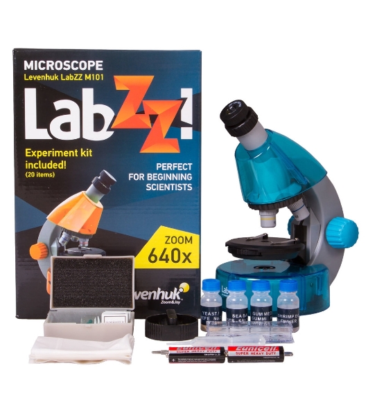 Микроскоп Levenhuk LABZZ M101 AZURE Лазурь Тип микроскопа: биологические,Тип насадки: монокулярные,Материал оптики: оптический пластик,Угол наклона окулярной насадки: 45°,Увеличение: 40–640 крат,Фокусировка: грубая,Корпус: пластик,Подсветка: светодиодная,Регулировка яркости: есть,Питание от батаре