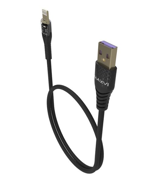 Дата-кабель Maxvi MC-31L USB-Lightning 2.4А, прозрачный корпус, LED подсветка, 1.2м, черный