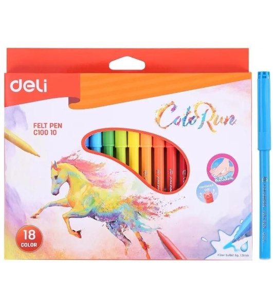 Фломастеры Deli EC10010 ColoRun, вентилируемый колпачок, 18 цветов, коробка с европодвесом
