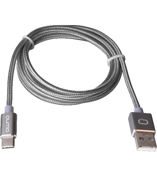 Кабель Qumo Type-С кабель, 1м, USB 2.0, 5В, 2А, 10Вт, тканевая оплетка, стальной коннектор, серый космос