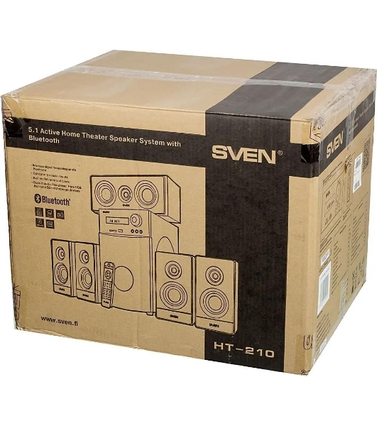 Аудиоколонки SVEN HT-210, черный, акустическая система 5.1, мощность (RMS):50Вт+5x15Вт, Bluetooth, Optical, Coaxial, FM-тюнер, USB/SD, дисплей, ПДУ
