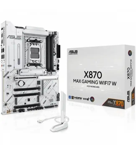Материнская плата ASUS X870 MAX GAMING WIFI7 W, AM5, AMD X870, 4xDDR5, 4xSATA, 3xM.2, 1xPCIe 5.0 x16, 2xPCIe 4.0 x16, 1xPCIe 3.0 x16, 1xHDMI, 2xUSB Type-C (Display), 1x2.5Gb LAN, Wi-Fi 7, Bluetooth 5.4, 2xUSB-C 40Gbps, 1xUSB-A 10Gbps, 3xUSB-A 5Gbps, 4xUSB-A 2.0, 3x3.5 мм, 7.1, ATX