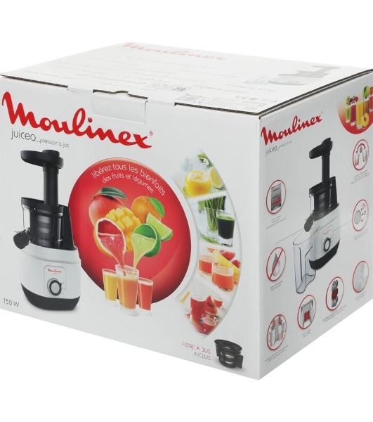 Соковыжималка Moulinex ZU150110 белый/черный, шнековая вертикальная, 150 Вт, 800 мл, электронное, реверс