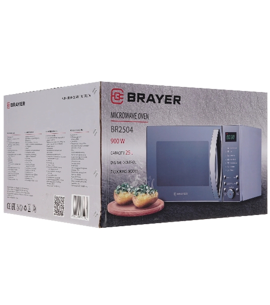 Микроволновая печь BRAYER BR2504 зеркальный, серебристый, 25 л, 900 Вт, переключатели — кнопки, поворотный механизм