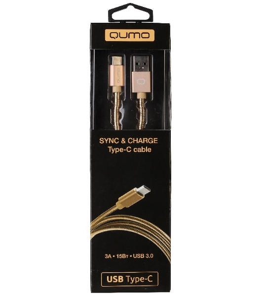 КабельQumo Type-С кабель, 1м, USB 3.0, 5В, 3А, 15Вт, металлическая оплетка, металлический коннектор, золотой