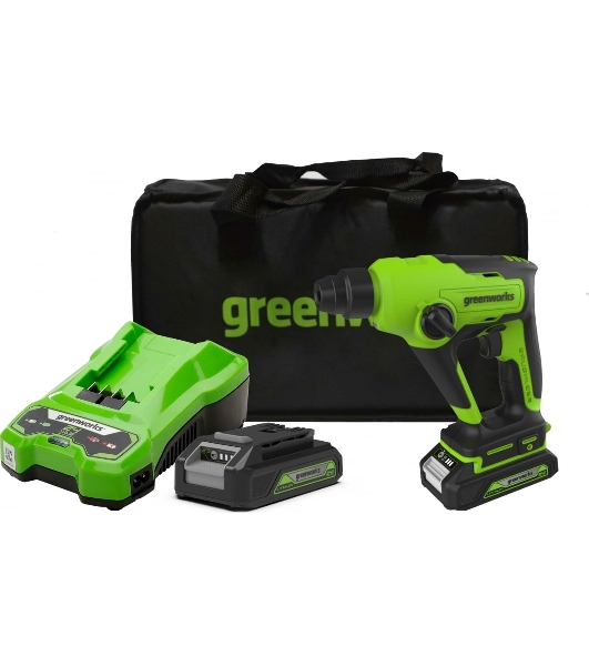Перфоратор GreenWorks GD24SDS1K2, 24 В, 1,2 Дж, от аккумулятора
