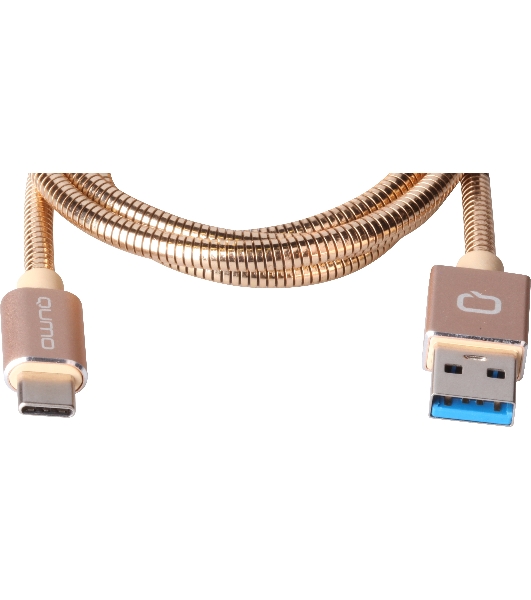 КабельQumo Type-С кабель, 1м, USB 3.0, 5В, 3А, 15Вт, металлическая оплетка, металлический коннектор, золотой