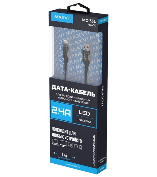 Дата-кабель Maxvi MC-33L USB-Lightning 2.4А, прозрачный корпус, LED подсветка, 1м, черный