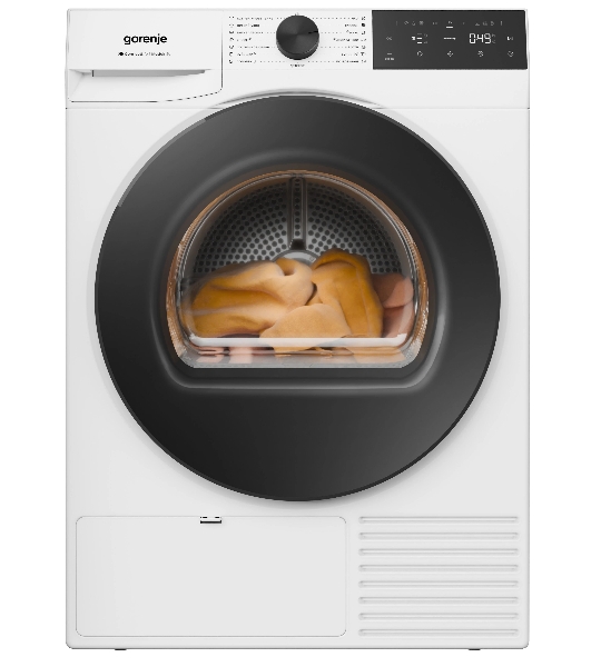 Сушильная машина Gorenje DG49D, отдельностоящая, ВхШхГ 850х600х625 мм, загрузка 9 кг, 15 программ, конденсационная сушка с тепловым насосом, поворотное/сенсорное управление, цифровой дисплей, Wi-Fi, датчик влажности белья, функция TwinAir, половинная загрузка, защита от сминания, отсрочка старта, функция 'Освежить', энергоэффективность D, цвет белый