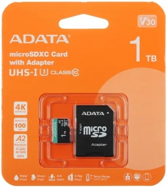 Флеш карта ADATA AUSDX1TUI3V30SA2-RA1, 1Tb microSDXC Class 10 UHS-I U3 V30S A2 100/80 MB/s (SD адаптер)