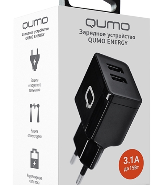 Сетевое зарядное устройство Qumo Energy (Charger 0061), 2 USB, 3.1A, черный