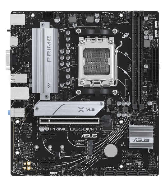 Материнская плата ASUS PRIME B650M-K, Socket AM5, AMD B650, 2xDDR5, 4xSATA, 2xM.2, 1xPCIe 4.0 x16, 2xPCIe 4.0 x1, 1xHDMI, 1xVGA, 1x 2.5Gb LAN, 4xUSB-A 2.0, 2xUSB-A 3.2 Gen 1, 2xUSB-A 3.2 Gen 2, 3x3.5 мм, 7.1, mATX