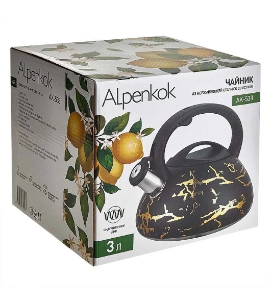 Чайник для плиты ALPENKOK AK-538 из нерж.стали 3л,со свистком,индукционное дно