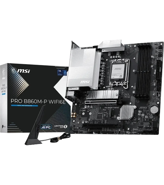 Материнская плата MSI PRO B860M-P WIFI6E, LGA 1851, Intel B860, 4xDDR5 (до 256 ГБ), 4xSATA, 2xM.2 (1xPCIe 5.0, 1xPCIe 4.0), 1xPCIe 5.0 x16, 1xPCIe 4.0 x16, 1xVGA, 1xHDMI, 2xDP, 1x2.5Gb LAN, Wi-Fi 6E, Bluetooth 5.3, 3xUSB-A 5Gbps, 2xUSB-A 2.0, 3x3.5 мм, 7.1, чёрный, mATX