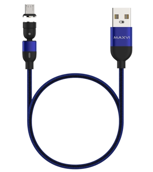 Кабель Maxvi MCm-02M blue, USB-A - MicroUSB, 2A, магнитный разъем, LED ток макс. нагрузки 2А, макс. напряжение 5V; стандарт USB 2.0; длина 1.5м, нейлоновая оплетка, съемный магнитный коннектор, LED подсветка, синий