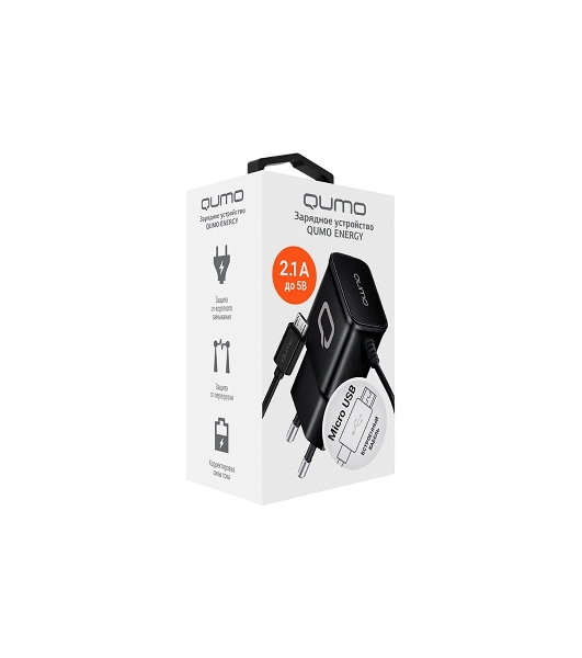 Сетевое зарядное устройство Qumo Energy (Charger 0024) 2.1A, встроенный кабель MicroUSB, черный