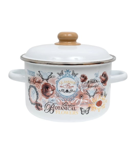 Кастрюля Appetite 1RD201М Roses с крышкой, эмалированная сталь, цилиндрическая 4 л