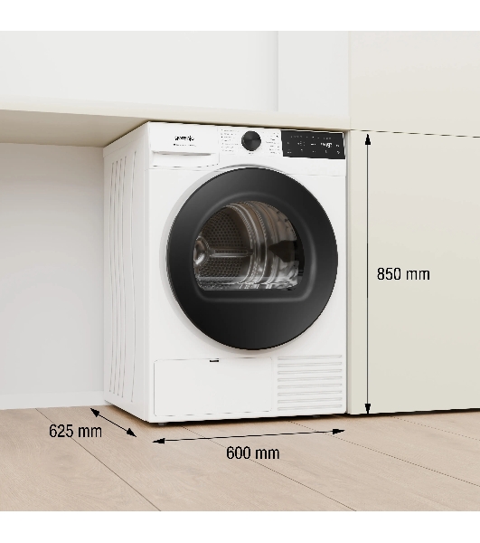 Сушильная машина Gorenje DG48D, отдельностоящая, ВхШхГ 850х600х625 мм, загрузка 8 кг, 15 программ, конденсационная сушка с тепловым насосом, поворотное/сенсорное управление, цифровой дисплей, Wi-Fi, датчик влажности белья, функция TwinAir, половинная загрузка, защита от сминания, отсрочка старта, функция 'Освежить', энергоэффективность D, цвет белый