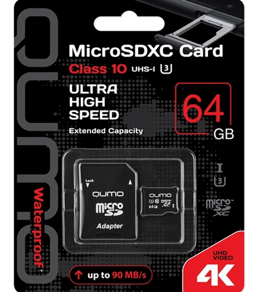 Флеш карта QUMO MicroSDXC 64Gb Class 10 UHS-I U3 черный adp