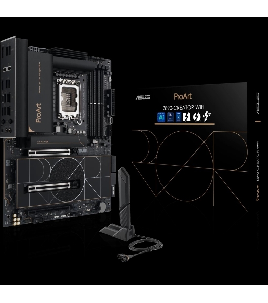 Материнская плата ASUS ProArt Z890-CREATOR WIFI, LGA 1851, Intel Z890, 4xDDR5, 4xSATA, 5xM.2, 2xPCIe 5.0 x16, 1xPCIe 4.0 x16, 1xHDMI, 1xDP, 1x 10Gb LAN, 1x 2.5Gb LAN, 2xUSB-C 10Gbps, 6xUSB-A 10Gbps, 1xUSB-A 2.0, 7.1, ATX