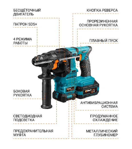 Перфоратор Bort BHD-20Li-SR, SDS-plus, 18 В, 2.2 Дж, от аккумулятора