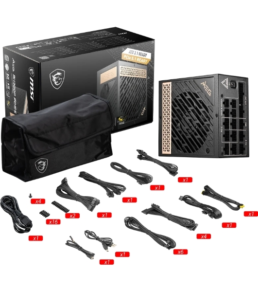Блок питания MSI MEG Ai1300P (306-7ZP4A11-CE0), 1300Вт, 80 PLUS Platinum, 120мм, модульный, черный/золотой