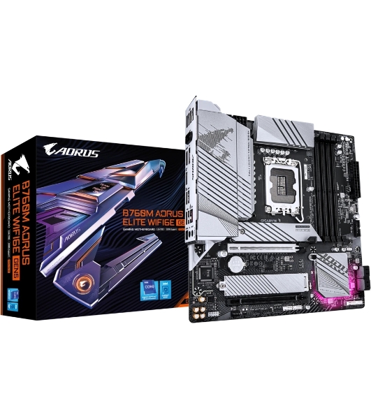 Материнская плата Gigabyte B760M AORUS ELITE WIFI6E GEN5, LGA 1700, Intel B760, 4xDDR5, 4xSATA, 2xM.2, 1xPCIe 5.0 x16, 1xPCIe 4.0 x16, 1xHDMI, 1xDP, 1x2.5Gb LAN, Wi-Fi 6E, Bluetooth 5.3, 1xUSB-C 20Gbps, 1xUSB-A 10Gbps, 3xUSB-A 5Gbps, 4xUSB-A 2.0, 3x3.5 мм + S/PDIF оптический, 7.1, mATX