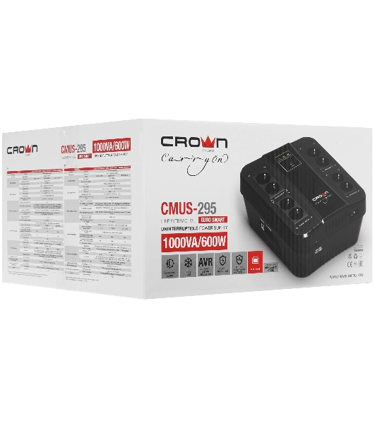 Источник бесперебойного питания Crown CMUS-295 EURO SMART/1000 ВА/600 Вт/8 х CEE 7 (евророзетка)