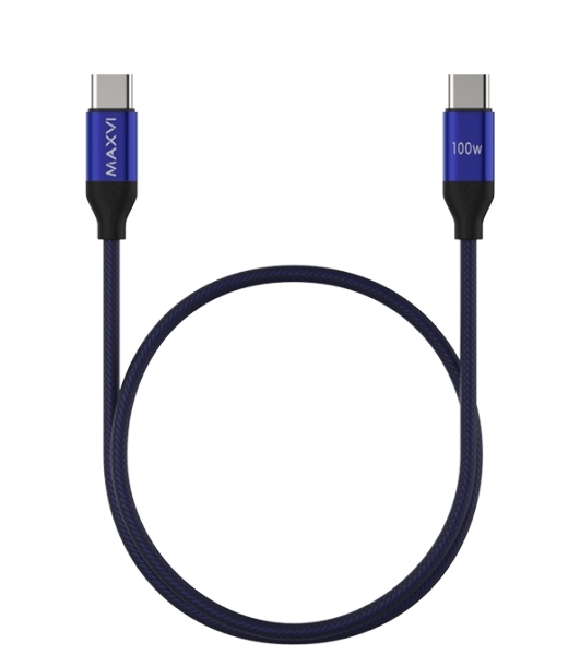 Кабель Maxvi MCw-100TT blue USB-C - USB-C, 5A разъемы USB-C - USB - C, Максимальная мощность 100W, ток макс. нагрузки 5А, макс. напряжение 20V;стандарт USB 3.1, длина 1.2м, нейлоновая оплетка, металлические корпуса разъемов, цвет синий.