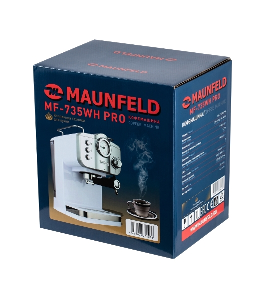 Кофеварка рожковая Maunfeld MF-735WH PRO белый, исп. кофе - молотый, 1.25 л, 1100 Вт, 15 бар