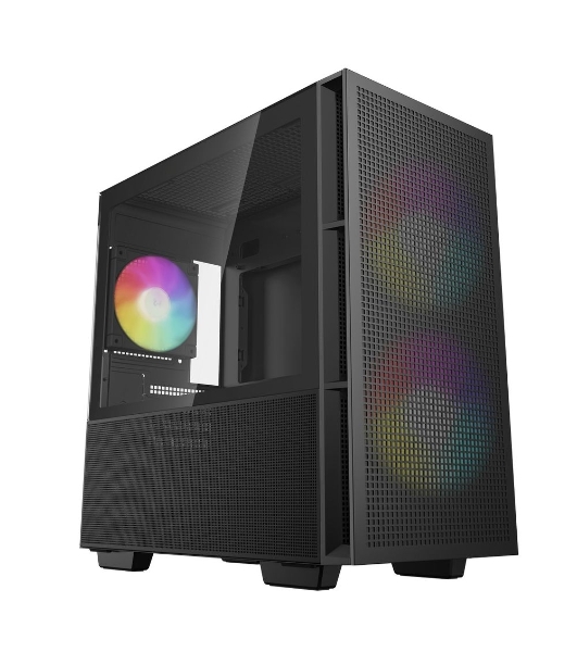 Компьютерный корпус Deepcool CH360 без БП, боковое окно (закаленное стекло), 2x140мм ARGb LED вентилятор спереди и 1x120мм ARGb LED вентилятор сзади, черный, mATX