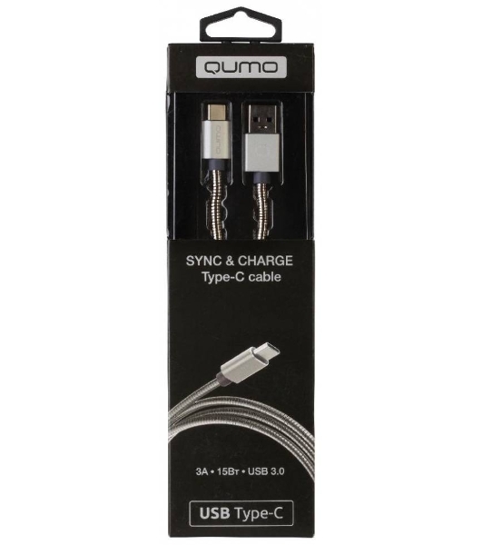 КабельQumo Type-С кабель, 1м, USB 3.0, 5В, 3А, 15Вт, металлическая оплетка, металлический коннектор, серебряный
