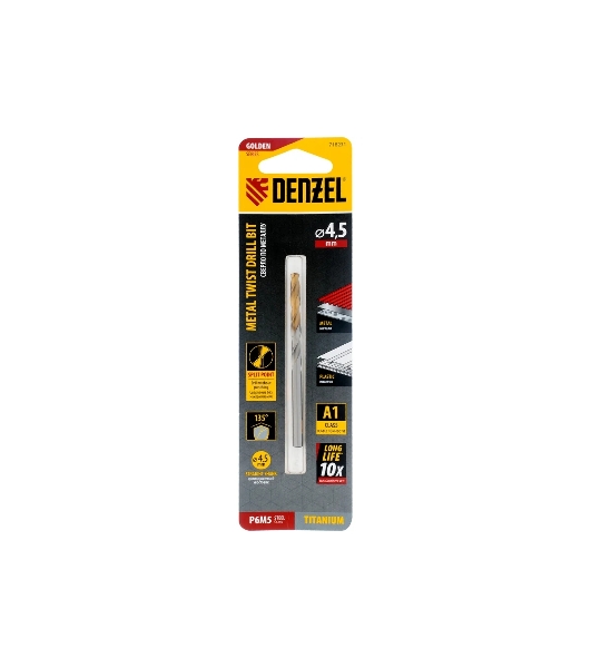 Сверло спиральное по металлу Denzel 4,5 x 80 мм, Р6М5, Golden Tip