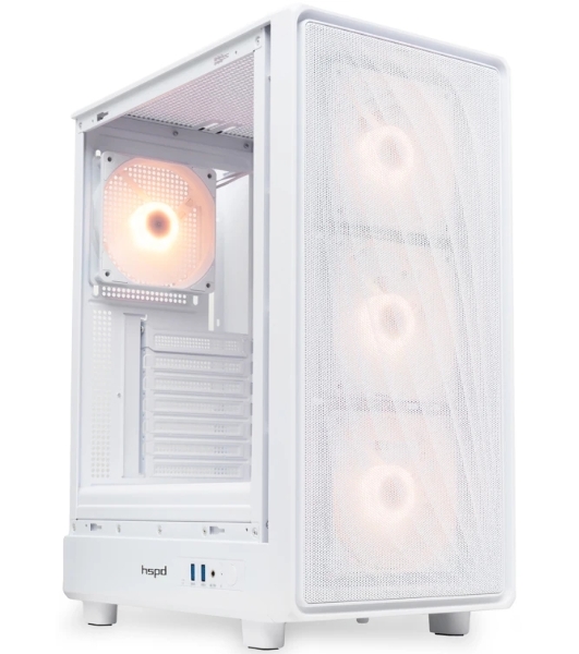 Компьютерный корпус HSPD M510, Mesh Mid Tower, белый, TG, 0.5 SPCC, 4x120мм ARGb ATX, mATX, mITX 180/280/160мм 1x2.5', 1x3.5', 7xPCI 2xUSB-A 3.0 517x277x418мм