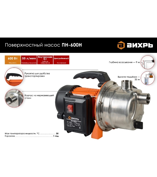 Насос поверхностный Вихрь ПН-600Н 68/4/10