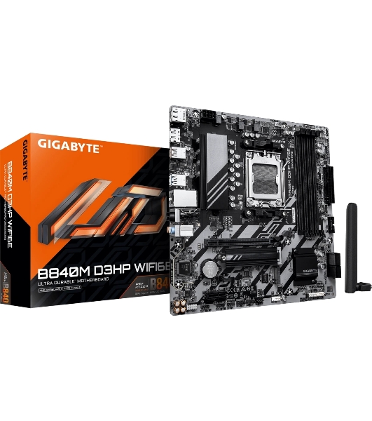 Материнская плата Gigabyte B840M D3HP WIFI6E, AM5, AMD B840, 4xDDR5, 4xSATA, 2xM.2, 1xPCIe 4.0 x16, 1xPCIe x1, 1xHDMI, 2xDP, 1x1Gb LAN, Wi-Fi 6E, Bluetooth 5.3, 1xUSB-C 5Gbps, 1xUSB-A 10Gbps, 3xUSB-A 5Gbps, 2xUSB-A 2.0, 1xPS/2, 3x3.5 мм, 7.1, mATX